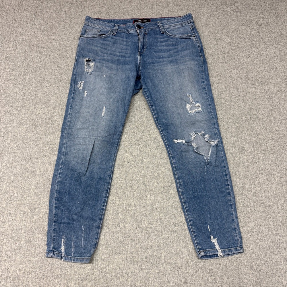 Fran Denim Eva Distressed Jeans 31 Blue Medium Wash Stretch Frayed Hem Low Rise